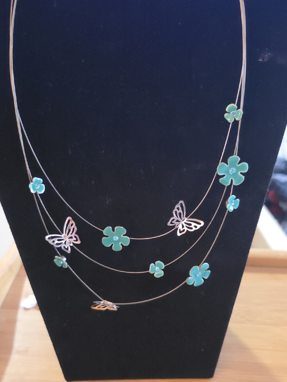 Delicate Teal Flower & Butterfly Layered Necklace - Women Jewelry